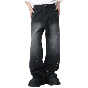 Pantalon blanc lavé noir peint à la bombe rétro décontracté mode de rue populaire personnalisé hommes jean Baggy droite coupe ample - Product Image 1