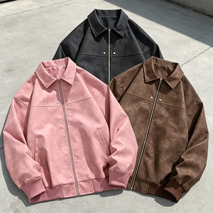 Veste en polaire PU vintage unisexe personnalisée avec fermeture éclair et logo brodé personnalisé, manches longues, marron, service OEM - Product Image 1