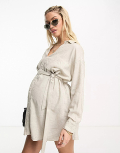 Produttori di vestiti di maternità all'ingrosso camicia di maternità a maniche lunghe con cravatta in vita - Product Image 4