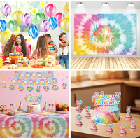 Ensemble de vaisselle et décorations pour fête d'anniversaire Tie Dye : Assiettes, gobelets, serviettes, couverts, nappe, décorations de gâteau, bannière de fond, spirales et ballons