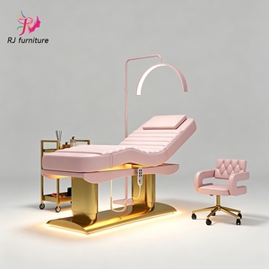 Muebles de salón de belleza de gama alta Base de cilindro de cuero marrón Cama facial cosmética Mesa de masaje eléctrica con 4 motores - Product Image 4
