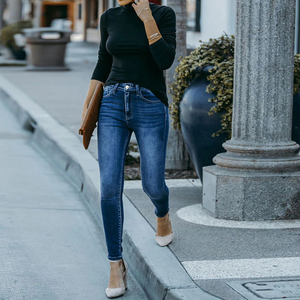 Pantalon en <span class=keywords><strong>jean</strong></span> skinny crayon long bleu foncé élégant décontracté extensible taille mi-haute de haute qualité à <span class=keywords><strong>bon</strong></span> <span class=keywords><strong>prix</strong></span> pour femmes - Product Image 1