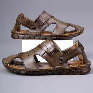 Men's Summer Flat <b>Sandals</b> Top Grain Cowhide <b>Closed</b> <b>Toe</b> Breathable Non Slip Soft Rubber Sole Khaki Brown Slip On Adult - Product Image 2