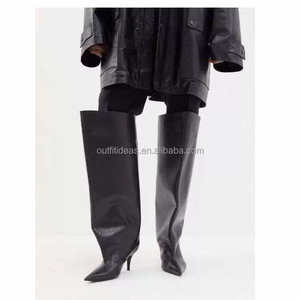Volume exagéré en cuir de veau mat à enfiler talon aiguille filles genou haut jambe large cuissardes chaussons en cuir cuissardes botte en noir - Product Image 2