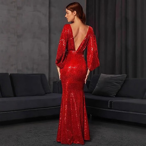 Vestido de noche formal rojo con lentejuelas, corte sirena, cintura natural, cuello en V, manga larga y abertura hasta el suelo - Product Image 2