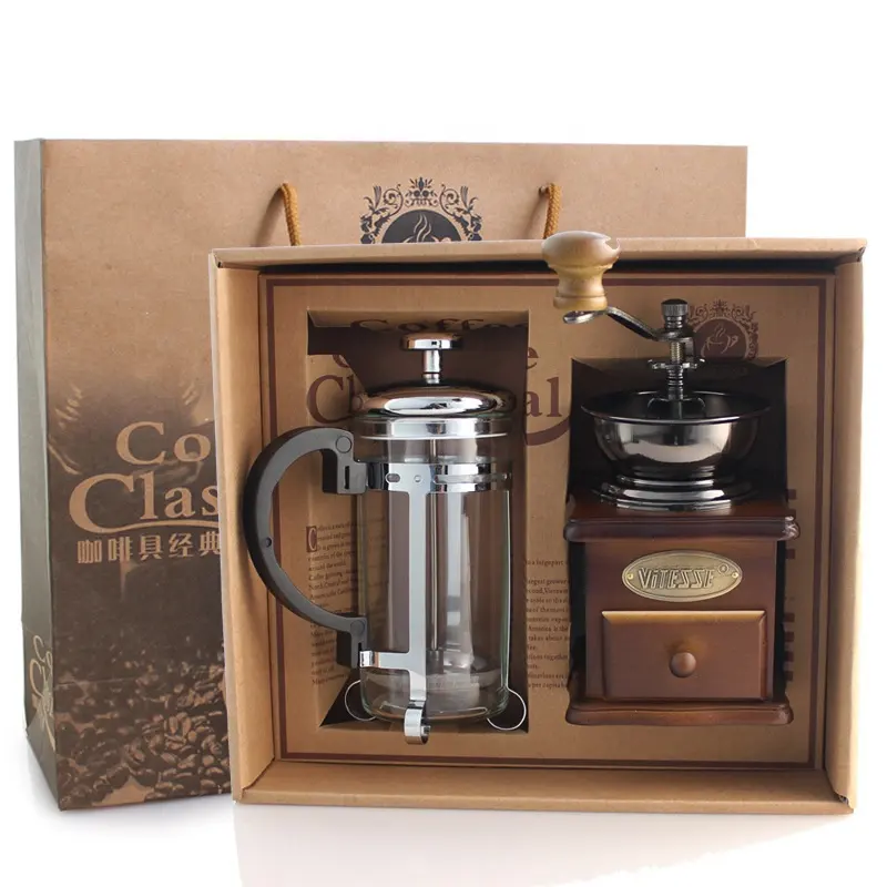 Low MOQ coffee gift set box in coffee&tea sets wooden manual coffee grinder
