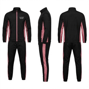 Unisex Black <b>Pink</b> Color Blocking <b>Tracksuit</b> Full Sleeve Zipper Stand Collar Sporty Regular Fit Polyester Autumn Wear - Product Image 1