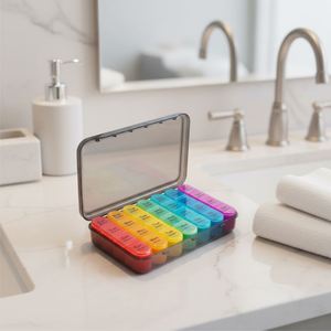 Organisateur de pilules hebdomadaire haut de gamme en plastique, 28 compartiments colorés, pour 7 jours - Product Image 1