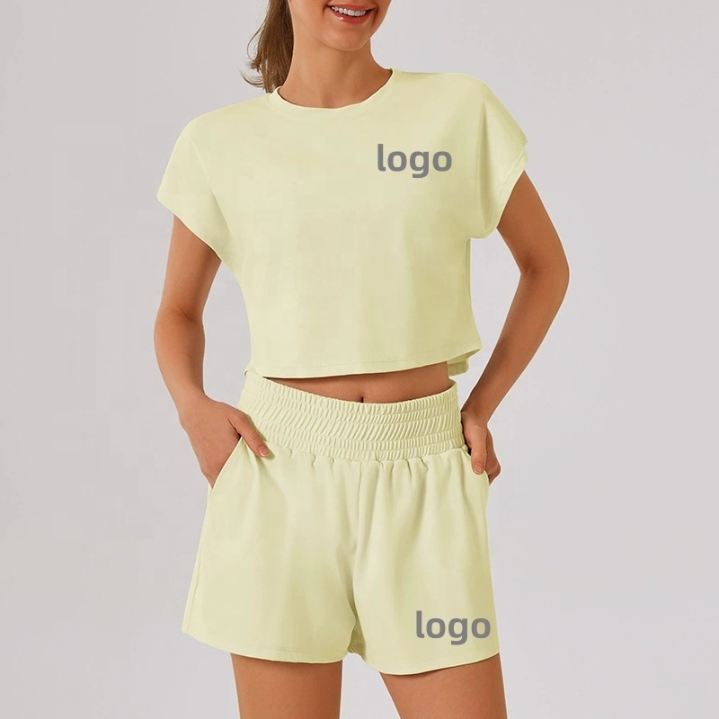 Custom Logo 2pcs Women'S Yoga Athletic Set Yoga T-Shirt Short Sleeve Top for Lady Gym Workout Running Tennis Shorts Comfy Sets