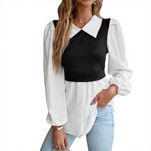 Blusa de Mujer con Contraste de Color y Mangas Abullonadas, Cuello Camisero, Manga Larga, Chifón, Estilo Casual - Product Image 4
