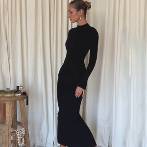 Vestido de Noche de Manga Larga con Cuello Redondo, Diseño con Abertura, Cintura Natural, Largo Completo, Ajuste Cómodo - Product Image 4