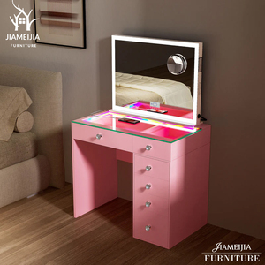 <span class=keywords><strong>Table</strong></span> de toilette moderne blanche avec bande lumineuse LED RGB, plateau en verre, 5 tiroirs, boutons en cristal, bureau de maquillage avec miroir LED tactile pour chambre à coucher - Product Image 2