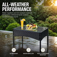 Table basse d'extérieur moderne en rotin PE avec plateau en verre trempé, structure métallique antirouille, table d'appoint de jardin pour patio et balcon