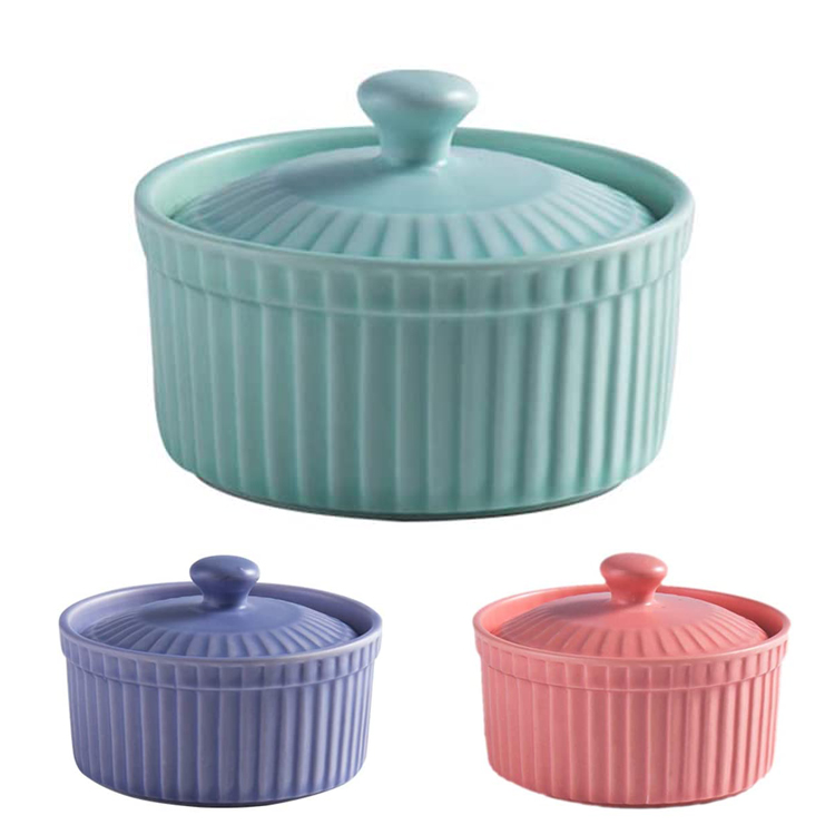 Cuenco de cerámica cubierto de soufflé para pastel, con tapa, platos, cuñas, pudín, taza de porcelana, Ramekin para electrodomésticos de horneado