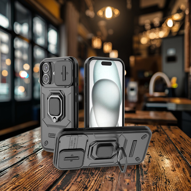 Ultra Stylish S25 Hard Plastic Shockproof Magnetic Lens Sliding Window Ring Stand Case for iPhone 13 16 Pro Max PC Material
