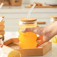 Ensemble de tasses en verre au design unique pour eau froide et chaude, café, thé, jus, boissons, 16 oz (480 ml), avec couvercle en bambou et paille