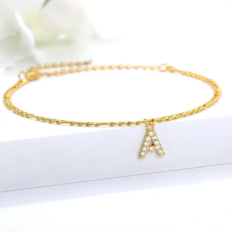 New Arrival Foot Jewelry Gold Plated NK Figaro Chain Ankle Bracelet Statement Stainless Steel A-Z Alphabet Letter Initial Anklet