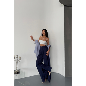 Pantalones Casuales Holgados para Mujer en Azul Marino con Detalle de Abertura Frontal y Cinturón, Pantalones Transpirables a la Moda - Product Image 4