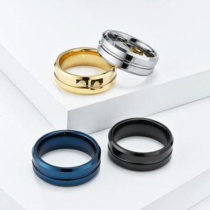Anillo Minimalista con Ranura en V de Acero de Tungsteno de 8 mm, Joyería Geométrica Unisex de Moda, Regalo en Azul, Negro, Dorado y Acero - Product Image 1