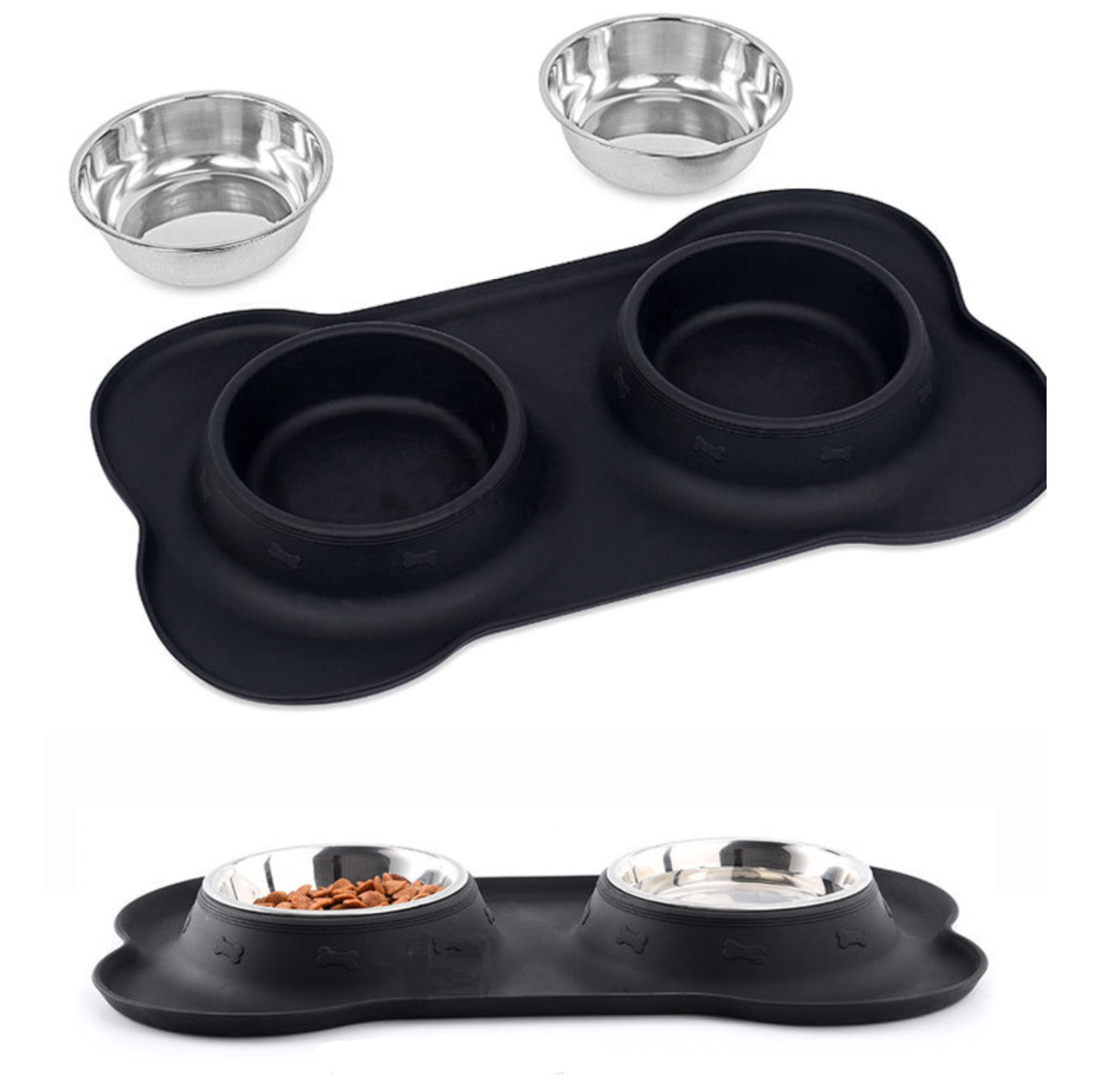Sample Available Non-Slip Eco-friendly Mat with Pet Bowl and Food Feeder Silicone Foldable Double Stainless Steel Dog Bowls