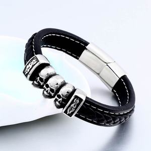 Edgy Retro Punk Skull Genuine <b>Leather</b> Adjustable <b>Bracelet</b> for Men 316L Stainless Steel Hypoallergenic Unisex Fashion Jewelry - Product Image 2