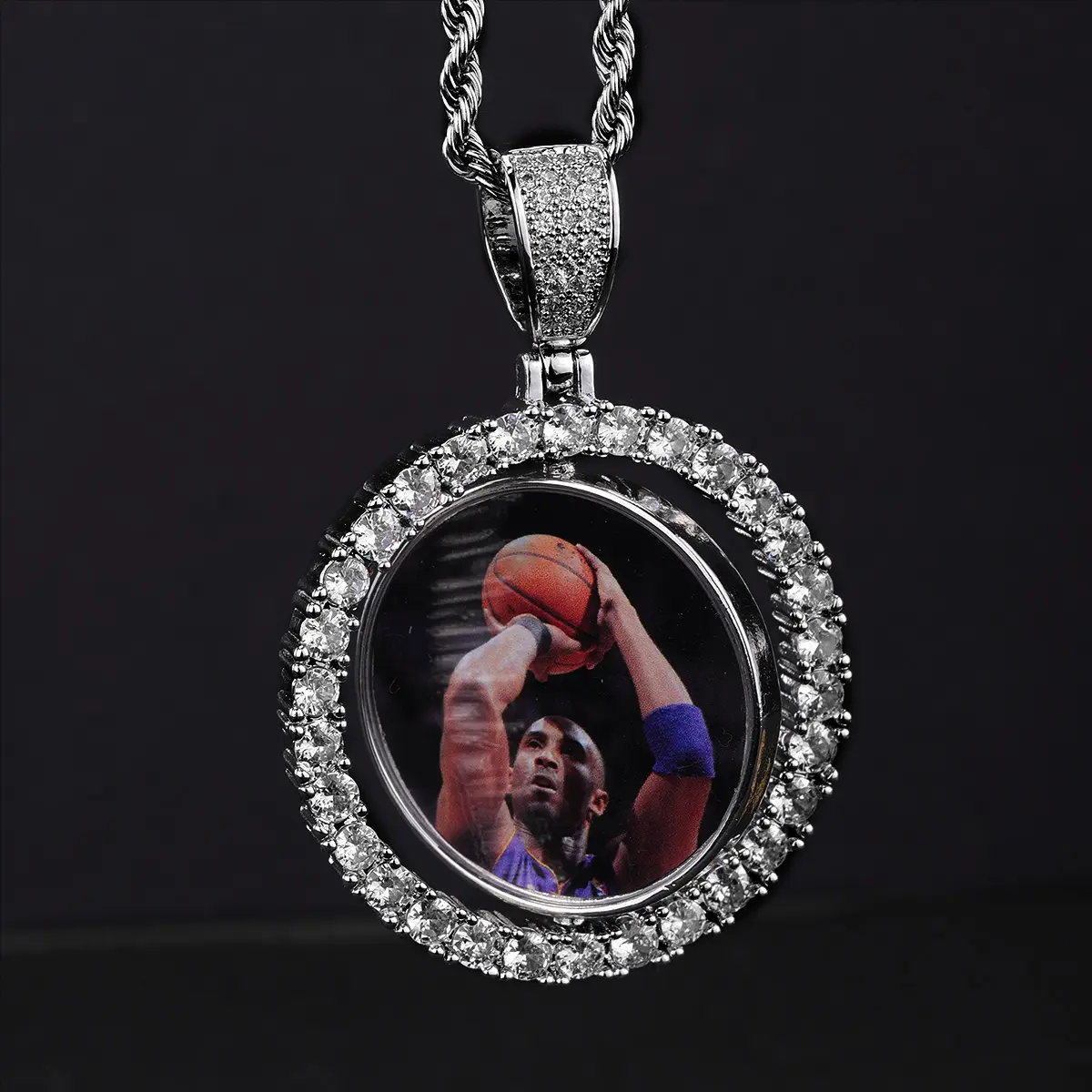 Hip Hop Custom Picture Necklace Personalized Cubic Zirconia Gift Diamond Double Side Rotating Round Memory Photo Pendant