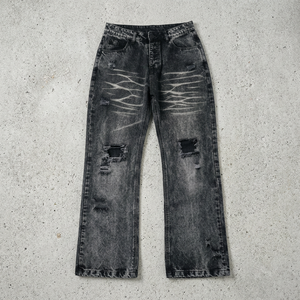 Vaqueros negros lavados y rasgados de algodón ligero para hombre, de pierna ancha, estilo vintage, ropa casual urbana, servicio OEM - Product Image 2