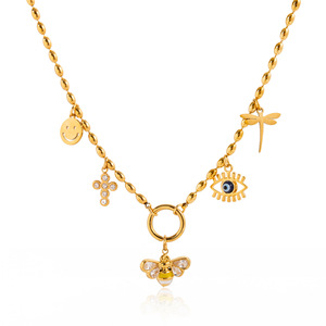 Gold Charm Necklace With Bee Dragonfly Smile Eye Pendant Fashion Jewelry For Women - Product Image 5
