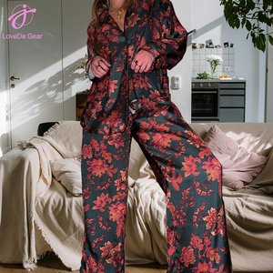 Loveda all'ingrosso donna estate sottile casa vestiti fiori stampa pigiami in <span class=keywords><strong>cotone</strong></span> Jacquard garza - Product Image 3