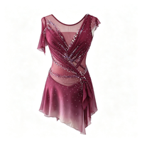 Robe de patinage artistique rouge bordeaux dégradé à manches volantées, dos ouvert, en maille ornée de strass, pour concours de danse sur glace, pour enfants et filles