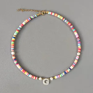 Collar de silicona colorido personalizado, joyería con inicial personalizada, arcilla polimérica suave de cerámica, gargantilla de perlas naturales bohemias