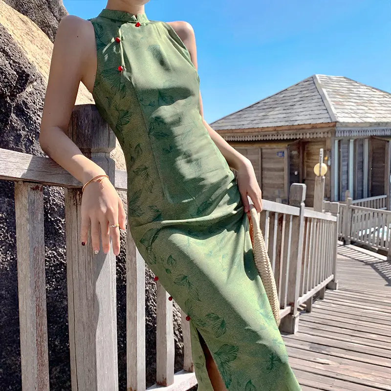 Estate retrò migliorato Cheongsam nuova letteratura verde arte ragazza cinese elegante vestito Qipao tradizionale di fascia alta