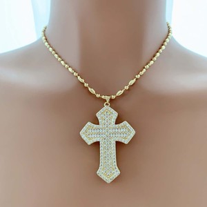 Kalung Salib Kristen Tk-L610, Kalung CZ Baguette & Bulat Berkilau, Liontin Salib Besar Unisex, Kalung Rantai Emas - Product Image 4