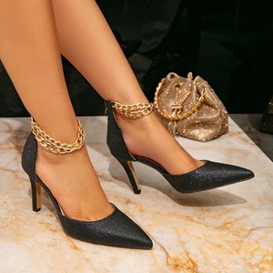 Sandales à talons hauts QLFashion, noires, chaussures pour femmes, fines, avec chaîne en métal, pointues - Product Image 4