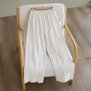 Cotton Linen Wide Leg Pants Loose Cropped With Lace Trim Women Spring Summer Casual Breathable Solid Color Apricot White - Product Image 1