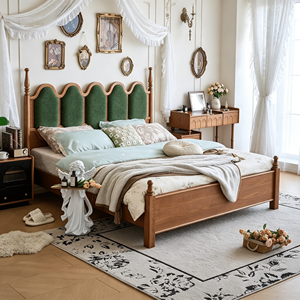 Traditional Upholstered Wooden <b>Bed</b> <b>Frame</b> Queen Size Fabric Headboard Soft <b>Bed</b> with Green Padding and Wood <b>Frame</b> - Product Image 1