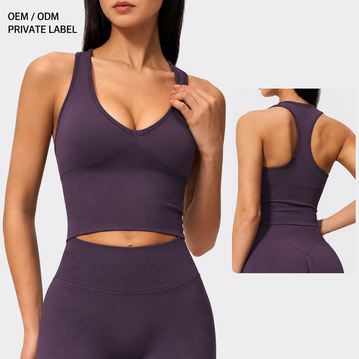 Custom Logo Women Seamless Racerback Crop Tank Top V Neck Yoga Gym Top Wholesale OEM ODM