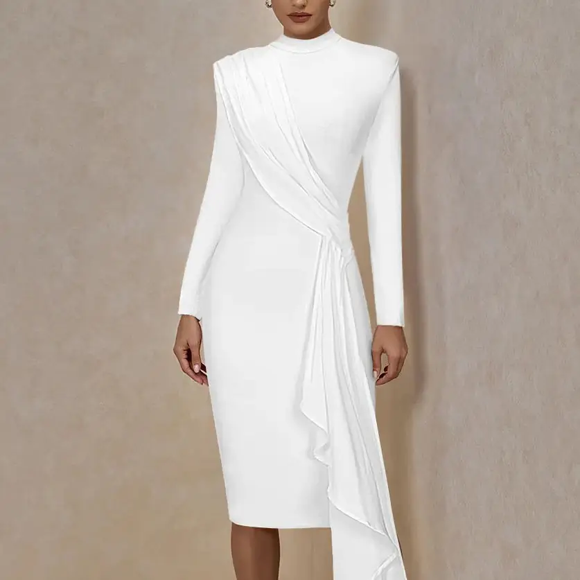 Fashion Drape Women Long Sleeve Bandaged White Knee Length Ladies Fitted Formal night dresses