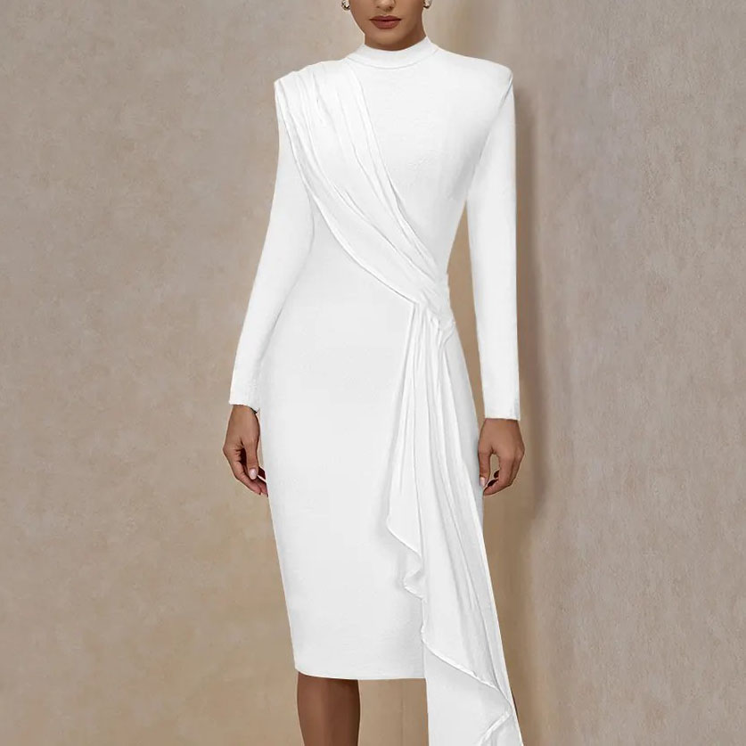Fashion Drape Women Long Sleeve Bandaged Knee Length Ladies White Fitted  Formal Night Dress| Alibaba.com