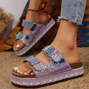 Nuevas sandalias de playa de verano para mujer, talla grande, con suela gruesa, doble hebilla y pedrería, de corcho, para comercio transfronterizo. - Product Image 4