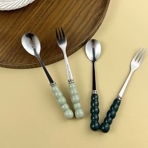 Ensemble de cuillères et fourchettes en perles rétro de luxe, manche en céramique, acier inoxydable, ensemble de 2 pièces - Product Image 6