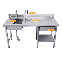 Commerciële roestvrijstalen voorbereidingswerktafel met afvoergat, spoelbak, keukenwerkbank voor restaurant, vlees en vis.
