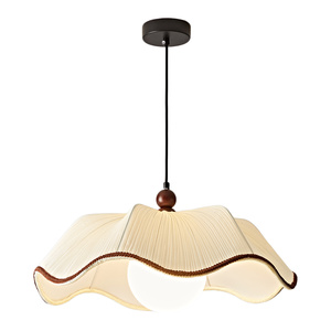 Lustre suspendu en <span class=keywords><strong>tissu</strong></span> plissé festonné avec bordure tressée et <span class=keywords><strong>boule</strong></span> en bois, style rétro crème, pour cuisine et chambre - Product Image 6