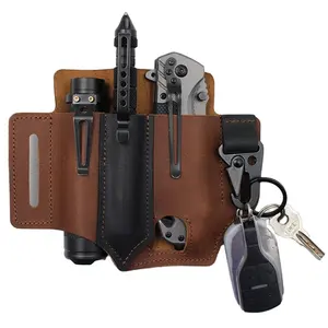 Real Lederen Multitools Organizer Gordelhuls Holster Outdoor Tactische Zaklamp Case Edc Zakgereedschap Etui Met Sleutelhouder