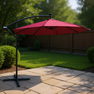 Sombrilla Solar para Exteriores de 10 Pies con Iluminación LED, 8 Varillas, Base Cruzada con Manivela, Color Borgoña, para Jardín, Patio - Product Image 2