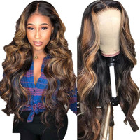Perruque synthétique Body Wave Lace Front en fibre résistante à la chaleur, blond miel avec mèches et racines foncées, pré-épilée, en stock