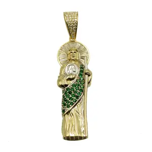 Duyizhao Latest Design 14K Two Tones Gold 3D Puffy Saint Jude San Judas Pendant With Green Cz Stone