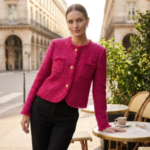 Lussuoso Giaccone in Tweed Magenta Effetto Shaggy da Donna, Blazer Pesante in Bouclé <span class=keywords><strong>Fucsia</strong></span> Stile Francese con Bottoni Dorati, Chic Parigino - Product Image 2