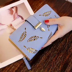 Nueva Cartera de moda con hebilla y cremallera de hoja hueca para mujer, bolso de mano de cuero Yiwu para mujer, bolsos de moda llamativos de Color con imagen L048