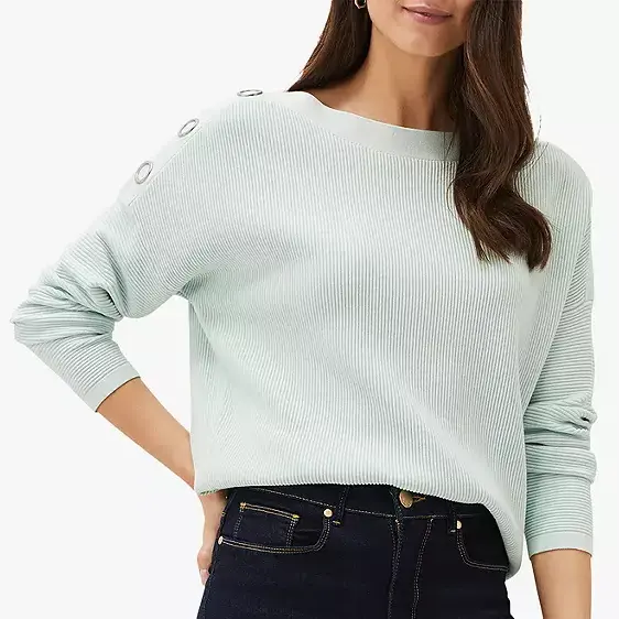Custom Design Models Fashion Casual Tops Round Neck Long Sleeve Mint Color Eyelet Ribbed Women's Sweater